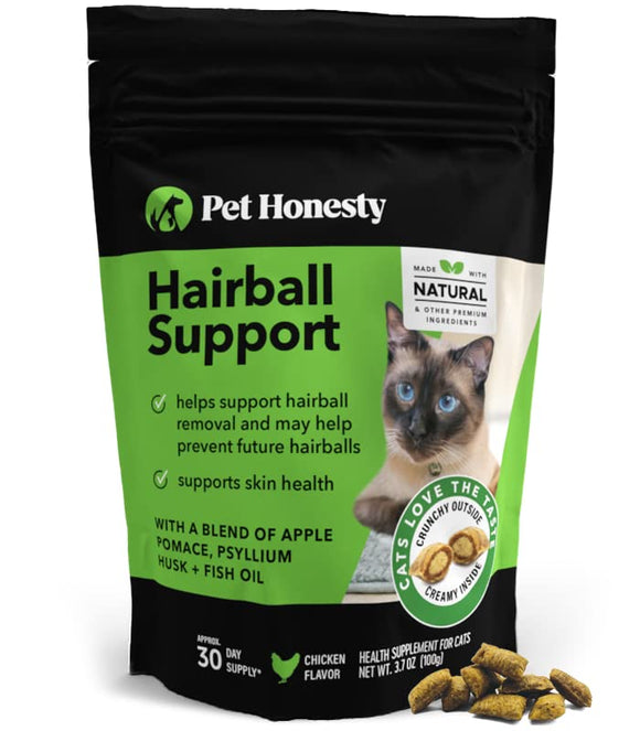 PetHonesty Cat Hairball Support Chews - Cat Hairball Solution, Supports Skin & Coat and Digestion, May Help Eliminate Furballs, Cat Vitamins and Supplements - Chicken (30-Day Supply)