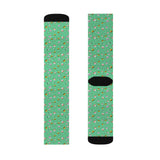 Green Floral Cat Sublimation Crew Socks — Cute Tiny Flowers, Fleece-Lined Mid‑Calf