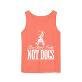 Coral tank top with white graphic and text on a white background