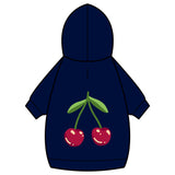 A navy blue hooded sweatshirt shown from the back, featuring a graphic print of two red cherries with green stems and leaves on the center back.cherry hoodie, cherry graphic hoodie, navy blue hoodie, cute graphic hoodie, cherry sweatshirt, cute fruit hoodie, dog lover hoodie, dog mom hoodie, dog walking hoodie, cute casual hoodie, unique gift for dog lovers, Dog Paw Shop Store