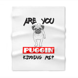 White towel with a pug illustration and text on a white background