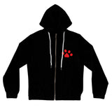 A black zip-up hoodie with white drawstrings and a red paw print graphic on the left chest, displayed against a solid white background.women's pet lover hoodie, full-zip hoodie, women's zip-up hoodie, cozy pet lover clothing, and pet lover gift