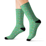 Green Floral Cat Sublimation Crew Socks — Cute Tiny Flowers, Fleece-Lined Mid‑Calf