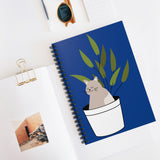Blue Cat in Plant Pot Spiral Notebook — Cute Cat Journal, Ruled Lined Notebook