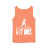 Coral tank top with white graphic and text on a white background