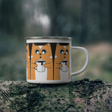 Cute Orange Cat Enamel Camping Mug — Retro Cat Holding Coffee Travel Cup