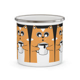 Cute Orange Cat Enamel Camping Mug — Retro Cat Holding Coffee Travel Cup