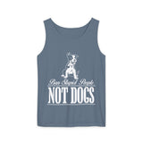 Blue tank top with a graphic of a dog and text on a white background