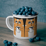 Cute Orange Cat Enamel Camping Mug — Retro Cat Holding Coffee Travel Cup