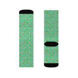 Green Floral Cat Sublimation Crew Socks — Cute Tiny Flowers, Fleece-Lined Mid‑Calf