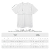 White t-shirt with measurements and size chart on a white background