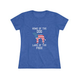 Blue t-shirt with American flag design and text on a white background
