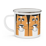 Cute Orange Cat Enamel Camping Mug — Retro Cat Holding Coffee Travel Cup
