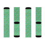 Green Floral Cat Sublimation Crew Socks — Cute Tiny Flowers, Fleece-Lined Mid‑Calf