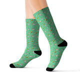 Green Floral Cat Sublimation Crew Socks — Cute Tiny Flowers, Fleece-Lined Mid‑Calf