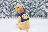 Dog wearing a blue jacket with a smiley face in a grassy field
