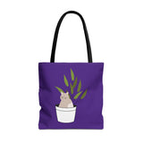 Cute Cat in Plant Tote Bag - Purple Floral Eco-Friendly Bag for Cat Lovers