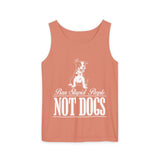 Peach tank top with white graphic and text on a white background