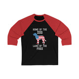 Black and red baseball shirt with American flag and dog graphic on a white background