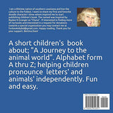 Book back cover with text about a children's book on animals and alphabet, featuring a photo of the author.
