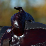 Schneiders Double S Open Range Saddle | Beautiful Floral Tooling | Lightweight Fiberglass Tree | Padded Seat | Silver-Plated Details | Semi Bar | Color Dark Oil | Size 15"