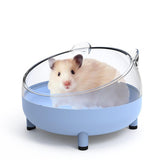 Hamster inside a transparent dome on a blue platform with a white background