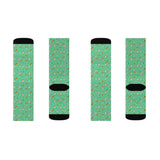Green Floral Cat Sublimation Crew Socks — Cute Tiny Flowers, Fleece-Lined Mid‑Calf