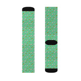 Green Floral Cat Sublimation Crew Socks — Cute Tiny Flowers, Fleece-Lined Mid‑Calf