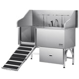 VEVOR Professional 304 Stainless Steel Dog Bathing Station, 61 inch Pet Grooming Tub w/Anti-Slip ramp, Storage Drawer, Cold Hot Faucet Showerhead, for Large & Medium & Small (Left Door, with Drawer)