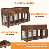 Dog Crate Furniture with 5 Doors, 58" Wooden Dog Kennel End Table with Large Capacity Drawers, Dog House with Openable Divider for Small/Medium/Large Dog,Dog Cage,Side End Table (Rustic Brown)