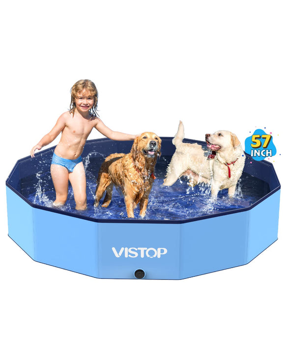 VISTOP Large Foldable Dog Pool, Hard Plastic Shell Portable Swimming Pool for Dogs Cats and Kids Pet Puppy Bathing Tub Collapsible Kiddie Pool (57inch.D x 11.8inch.H, Blue)