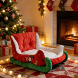 Christmas Dog Bed, Funny Santa Dog Sleigh Bed, Self Warming Fuzzy Cushion
