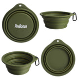 PetBonus 2-Pack Silicone Collapsible Dog Bowls, BPA Free Dishwasher Safe, Portable Foldable Expandable Travel Bowl, Food Water Feeding Cup Dish for Dogs Cats with 2 Carabiners (Army Green, Blue)