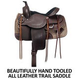 Double S Oiled Trail Saddle | Size 15 | Beautifully Hand Tooled | Generously Padded Seat | Lightweight & Maintenance Free | Stainless Steel Hardware | Saddle Bag Compatible |