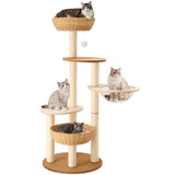 BUMUBI Rattan Cat Climbing Tower Condo with Scratching Post,Capsule,Basket,and Bed Modern Heavy Duty Cat Tree for Indoor Cat Large Adult