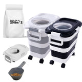 SEWIU 2pack 25 lbs Dog Food Storage Container,Collapsible Dog Food Container with Scoop,Pet/Dog/Cat/Bird Food/Cat litter Storage Containers to Keep Dry,Easy to Move.(Black+white)