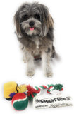 Christmas Stocking for Dogs. Squeaky newspaper / boot toy, a red, green and white tennis ball and a red, white and green cotton knotted rope.