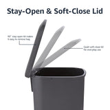 Amazon Basics Compact Plastic Bathroom Trash Can with Hands Free Foot Pedal, Quiet Close Step-On, 6 Liters, Black, Lid Included