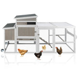 PetsCosset Chicken Coop with Run, Mobile Hen House with Wheels, Indoor/Outdoor Rabbit Hutch, Predator-Resistant, Nesting Box, 3 Perches, Tray, Combinable Design, for Chickens and Bunnies, Grey