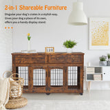 Dog Crate Furniture with 5 Doors, 58" Wooden Dog Kennel End Table with Large Capacity Drawers, Dog House with Openable Divider for Small/Medium/Large Dog,Dog Cage,Side End Table (Rustic Brown)