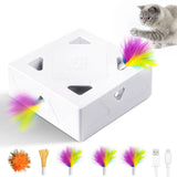 Interactive Cat Toys -Migibox for Indoor Bored Cats, Automatic Pop Out Feathers from 7 Holes Randomly, Motion Activated, USB Rechargeable (Purple Skin)