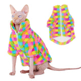 Cat Winter Fleece Jacket with Zipper, Warm Rainbow Fleece Hoodie Fall and Winter, Sphynx Cats Chihuahua Yorkie Puppy Two-Legged Easy to Wear Cat Coat with Zipper (S (1-3lbs))