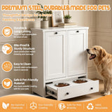 Dog Feeding Station Cabinet with Storage, Metal Pet Feeding Station with Storage, Tilt-Out Dog Food Storage Cabinet with 2 Stainless Steel Bowls, Hidden Feeding Station for Dogs & Cats, White