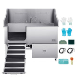 VEVOR Professional 304 Stainless Steel Dog Bathing Station, 61 inch Pet Grooming Tub w/Anti-Slip ramp, Storage Drawer, Cold Hot Faucet Showerhead, for Large & Medium & Small (Left Door, with Drawer)