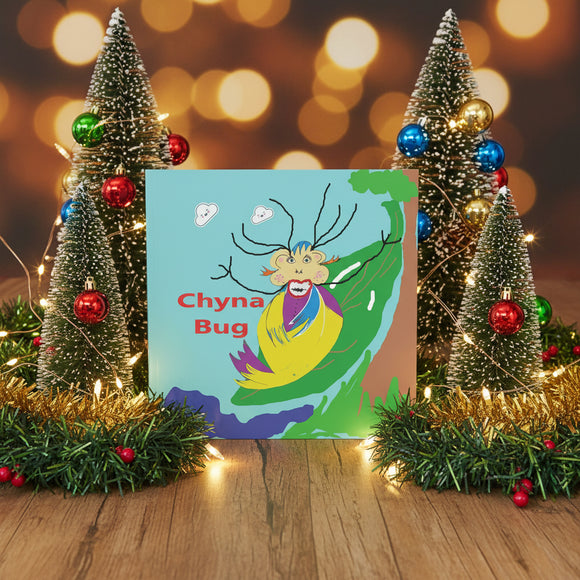 Colorful illustration of a character named Chyna Bug with a tree and sky background