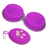 Collapsible Dog Bowls, 2-in-1 Silicone Pet Food and Water Bowl with Carabiner, Portable Double Compartment Dish for Travel, Camping, Hiking Puppy Essentials (Purple)