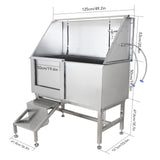 50" Pet Dog Grooming Bathing Station, Professional Stainless Steel Dog Grooming Tub w/Removable Ramp, Storage Drawer, Floor Grate, Stairs Faucet, Dog Bathtab for Large, Medium & Small Pets, Left Door