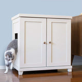 The Refined Feline Cat Litter Box Enclosure Cabinet, Modern, White, Tapered Feet, Large, Hidden Litter Cat Furniture with Drawer