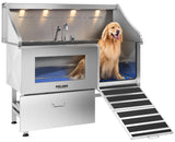 POLIMO Dog Washing Station with LED Display 61" (Right Ramp), 304 Stainless Steel Dog Bathtub for Large, Medium & Small Dogs, Professional Grooming Tub with Faucet, Storage Drawer, Floor Grate, Window