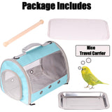 Long Tail Portable Bird Travel Carrier Cage with Metal Tray Soft Mat and Wooden Standing Perch, Hands Free Lightweight Clear 2 Windows Carry Bag for Parakeet Budgies Cockatiel Transport to Vet